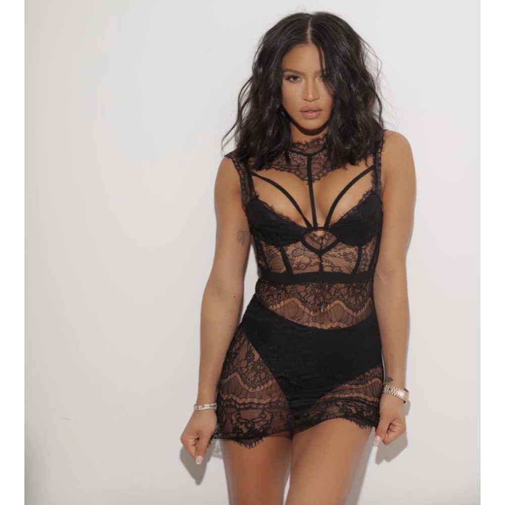 Sheer black corset lace mini dress with panty